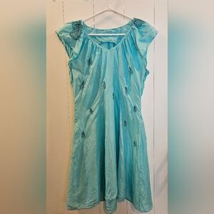 Just B Silk Teal Embroidered Cap-Sleeve Women's Dress XS